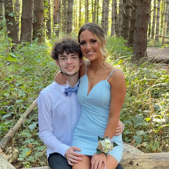 BABY BLUE PLUNGE NECK BODYCON HOCO DRESS - Picture 3 of 4